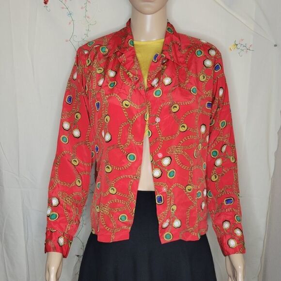 HP🎀Josephine Petites long sleeve red chain pattern button down shirt. - Picture 12 of 12
